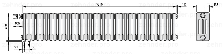Схема (чертеж) Радиатор Zehnder Charleston 4040/35 №V001 Белый глянцевый RAL 9016
